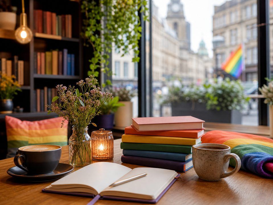 Coffee and books placeholder image representing LGBTQ+ community spaces.