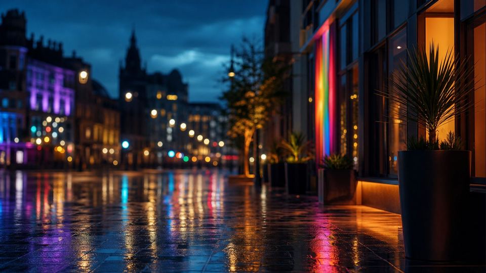 Atmospheric city-centre evening image representing Gay Leeds.